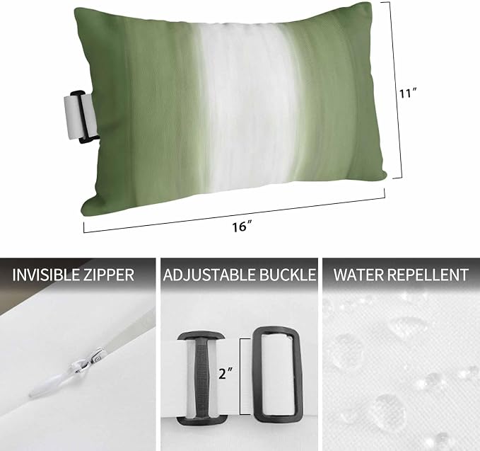 Outdoor Lumbar Pillow Set of 2, Dark Green Striped Waterproof Beach Headrest Pillow with Inserts, Green White Ombre Farmhouse Gradient Recliner Throw Pillows for Patio Furniture, 12 x 20