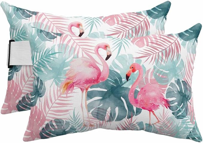 Outdoor Lumbar Pillow Set of 2, Flamingos Waterproof Beach Headrest Pillow with Inserts, Green Summer Monstera Leaves Tropical Botanical Recliner Throw Pillows for Patio Furniture, 12 x 20