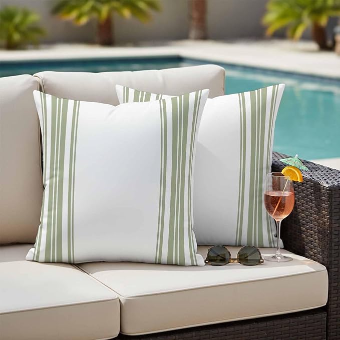 Outdoor Waterproof Throw Pillow Covers Set of 2 Sage Green Stripes Pillowcases 16x16 Inches White Vertical Striped Decorative Pillows Cushion Case Patio Pillows for Couch Bed Chair Garden