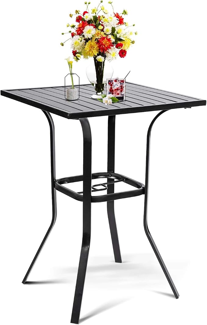 SUNCROWN Outdoor Patio Bar Height Table Bistro Square High Top Dining Table, Metal Frame, Umbrella Hole for Lawns, Poolside, Deck, Garden
