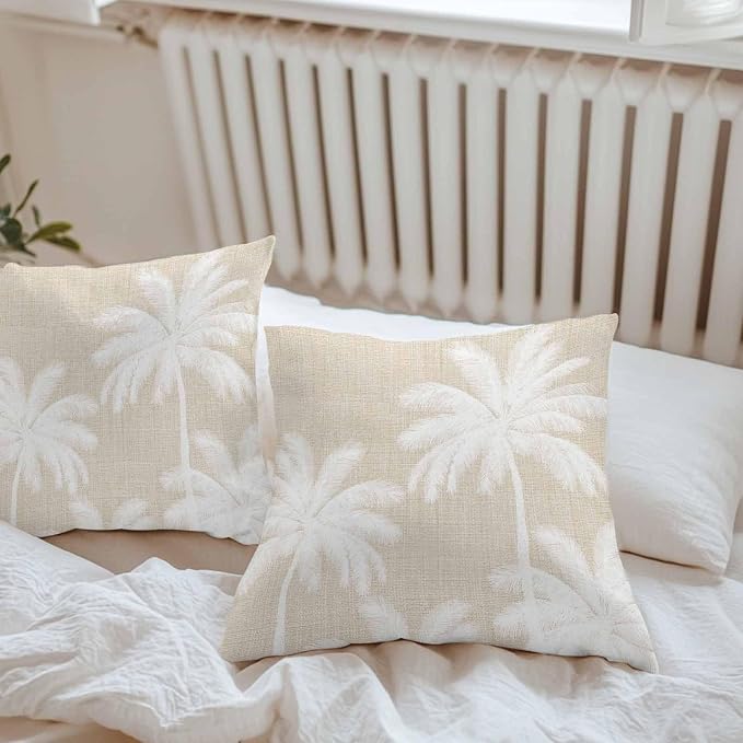 Outdoor Pillow Covers 16x16 Inch Set of 2, Beige Palm Trees Waterproof Throw Pillow Covers, Farmhouse Tropical Summer Beach Decorative Cushion Pillowcases for Couch, Sofa, Bed, Garden, Patio