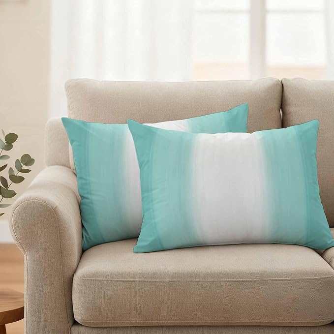 Teal Abstract Stripes Outdoor Pillow Covers 20"x12" Set of 2, Modern Teal White Gradient Waterproof Throw Pillow Covers for Patio Furniture, Decorative Cushion Covers for Porch