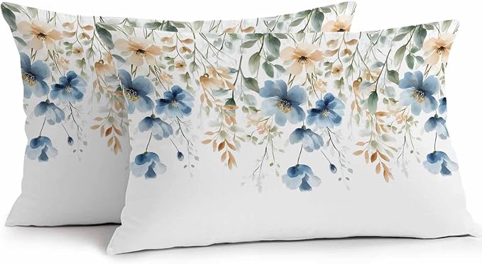 Blue Spring Floral Waterproof Outdoor Pillow Covers 20''x12'' Set of 2, Weeping Botanical Patio Furniture Summer Cushion Covers for Chairs, Decorative Wildflowers Pillow Cases for Garden/Pool/Beach