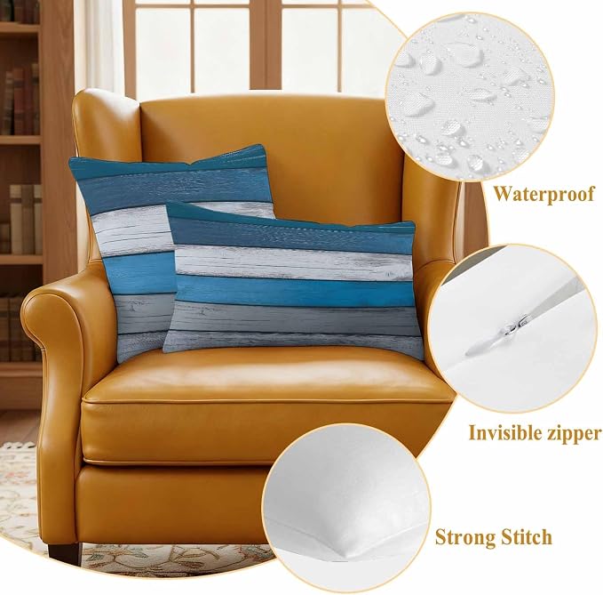 Coastal Style Outdoor Waterproof Throw Pillow Covers Set of 2, 16"x16", Retro Blue Grey Stripes Wood Texture Decorative Pillow Covers Outside Cushion Case for Patio Porch Garden