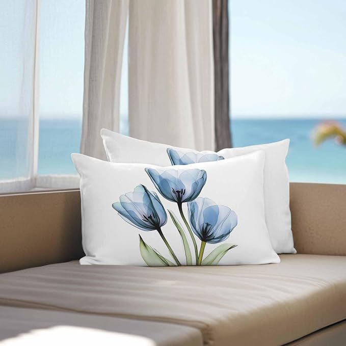 Rustic Blue Tulip Outdoor Pillow Covers 20x12in Pack of 2 Waterproof Pillowcase Watercolor Farmhouse Flower Decorative Throw Cushion Case for Patio Couch Sofa