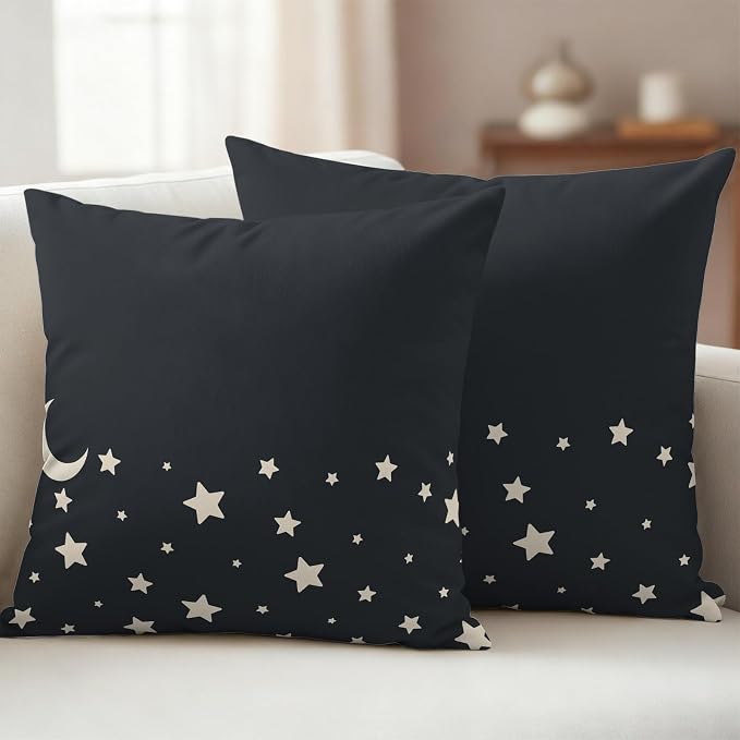Stars Moon Waterproof Outdoor Pillow Covers Set of 2 Home Decor, Starry Night Black Pillowcase Patio Pillow Covers for Couch Bench Patio Furniture Garden 18x18in