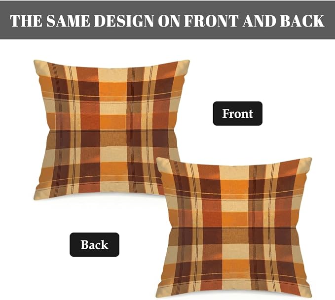 22x22 Inch Outdoor Pillow Covers Set of 2 Waterproof Throw Pillow Covers Decorative Couch Cushion Covers Buffalo Check Orange Square Pillowcases Protectors for Patio Garden Sofa