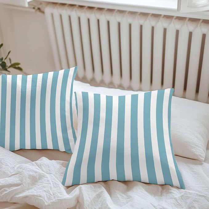 Aqua Striped Outdoor Waterproof Throw Pillow Covers 16x16 Set of 2, Modern Farmhouse Blue White Stripes Decorative Pillowcases Cushion Pillowcase for Couch Sofa Patio Outside Pillow Protector