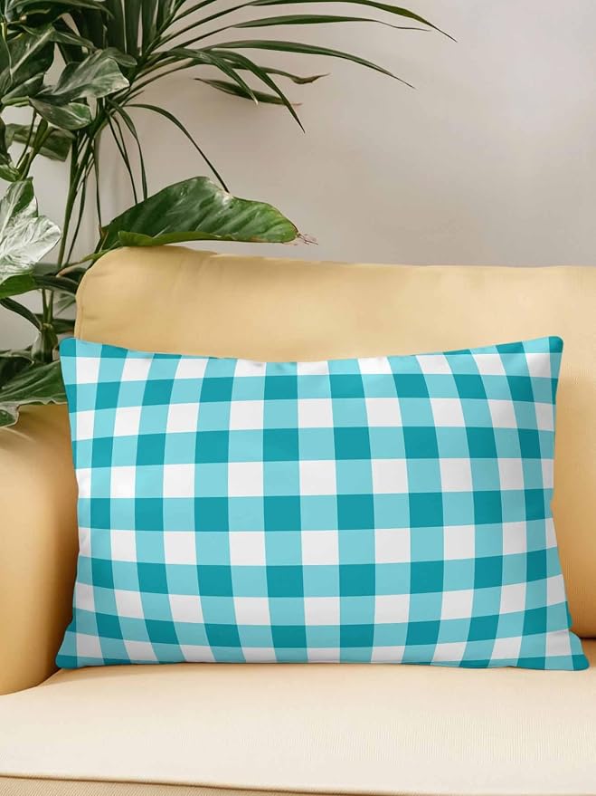 Waterproof Outdoor Pillow 1 Pack Turquoise Buffalo Plaid Decorative Throw Pillows Cover & Insert 20x12 Inch Lumbar Pillowcase Check Lines Pillows for Couch Sofa Bed Patio Furniture Indoor Outdoor