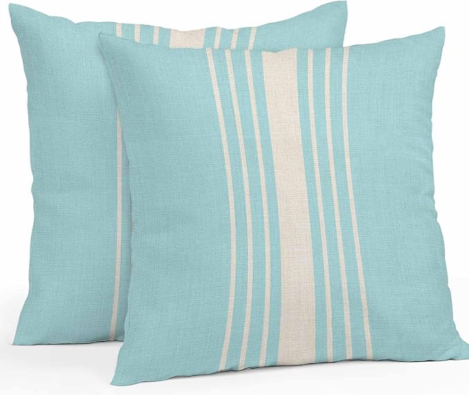 Aqua Beige Striped Outdoor Pillow Covers 18x18 Inch Throw Pillow Covers Set of 2 Waterproof Decorative Pillow Cases Modern Farmhouse Retro Lines Cushion Covers for Patio Furniture Garden Couch Sofa