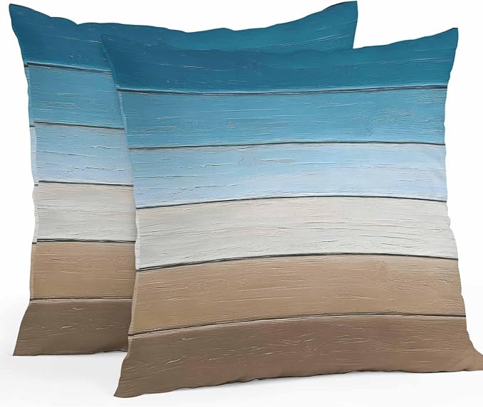 Blue Beige Brown Outdoor Pillow Covers 20x20 Inch Throw Pillow Covers Set of 2 Waterproof Decorative Pillow Cases Country Retro Gradient Wooden Grain Cushion Covers for Patio Furniture Garden Couch