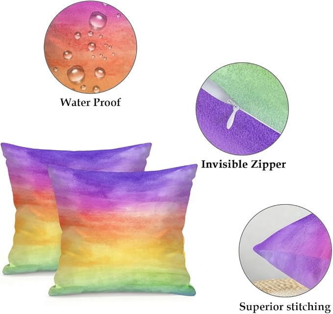 16x16 Inch Outdoor Pillow Covers Set of 2 Waterproof Throw Pillow Covers Decorative Couch Cushion Covers Watercolor Rainbow Square Pillowcases Protectors for Patio Garden Sofa