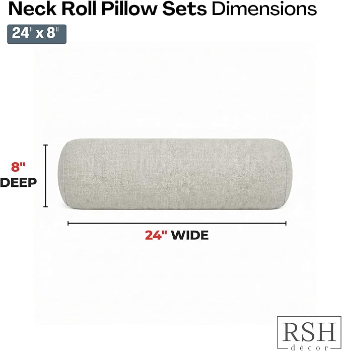 RSH DECOR: Sunbrella Neck Roll Pillows Set of 2 | 24” x 8” | Outdoor Bolster for Patio, Deck, Porch, or Poolside Chairs | Fade & Water-Resistant | Made in USA (Spectrum Dove)