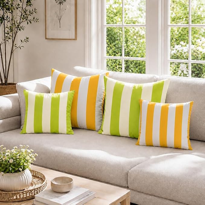 Pack of 2 Outdoor Waterproof Striped Pillow Covers Decorative Throw Covers | 18x18,Green Yellow Garden Cushion Covers, Farmhouse Pillowcases for Couch Sofa Patio Tent Balcony