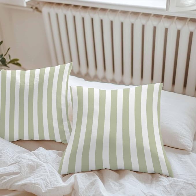 Sage Green Striped Outdoor Waterproof Throw Pillow Covers 20x20 Set of 2, Modern Farmhouse Sage Green White Stripes Decorative Pillowcases Cushion Pillowcase for Couch Sofa Patio Pillow Protector
