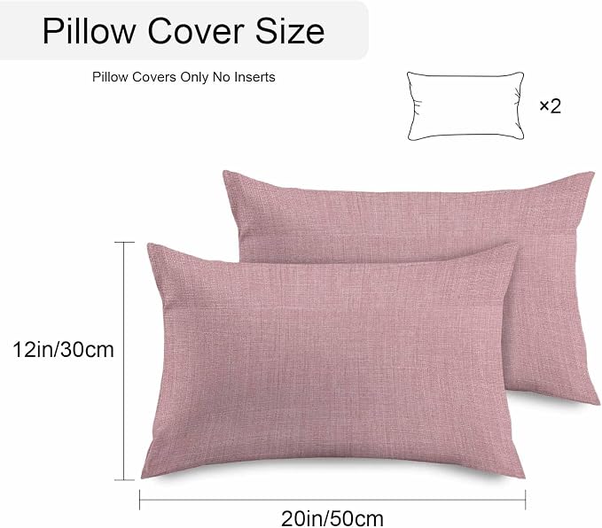 Vandarllin Outdoor Throw Pillows Covers 20x12 inch Set of 2 Waterproof Pink Linen Decorative Zippered Cushion Covers for Patio Furniture, Farmhouse Pure Color Lumbar Pillowcases
