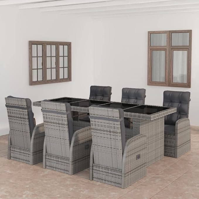 7 Piece Patio Dining Set with Cushions,Outdoor Table Chairs,Kitchen Furniture,Removable, Washable Cushion Covers,Used in Restaurant, Bistro, Coffee Shop,Deck, Backyard, Poly Rattan Gray