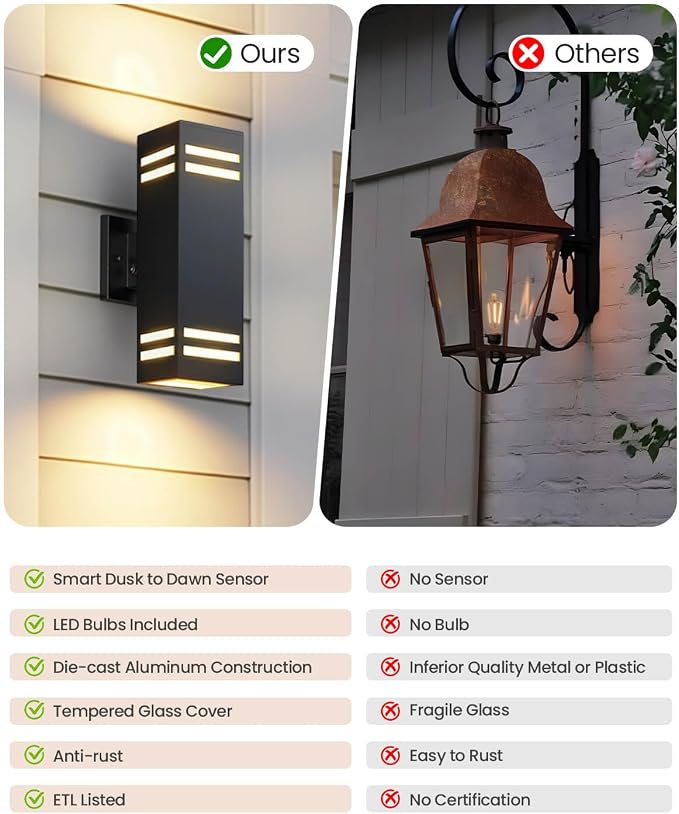 SHIMR Dusk to Dawn Outdoor Lighting, Modern Sconce, ETL Listed, 2 Pack | Black, Waterproof Aluminum Exterior Lighting Fixture, E26 Base, LED Bulbs Include, Up and Down Lights for Porch Garage Patio