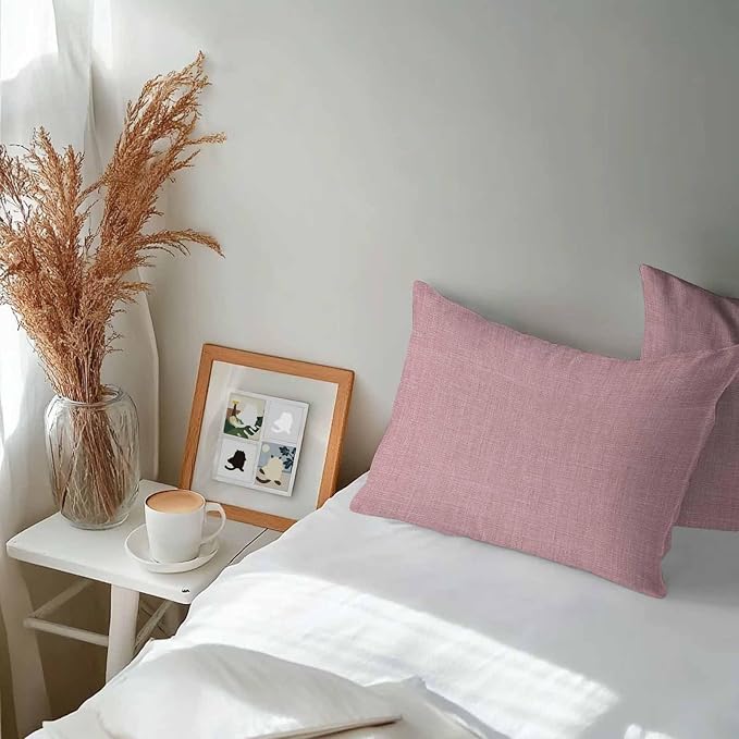 Vandarllin Outdoor Throw Pillows Covers 20x12 inch Set of 2 Waterproof Pink Linen Decorative Zippered Cushion Covers for Patio Furniture, Farmhouse Pure Color Lumbar Pillowcases
