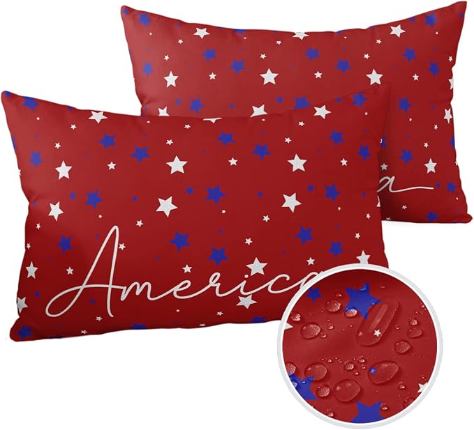 Pentagram Outdoor Pillow Shams Set of 2, Decorative Pillowcases Cushion Case, Soft Throw Pillow Covers Waterproof Pillow Case 20x12 Inch, American Patriotic Stars Red Blue
