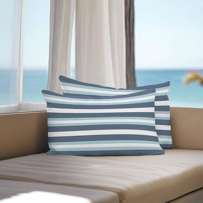 Blue Striped Outdoor Pillow Covers Waterproof, All Weather Cushion Case Set of 2, Modern Gradient Abstract Lines Aesthetic Lumbar Pillowcase for Sofa Couch Bed Decor Patio Furniture 20"x12"