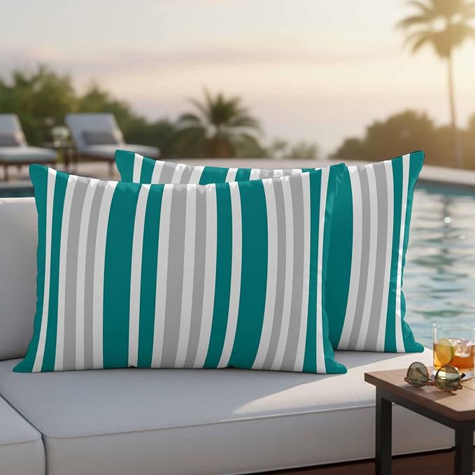 Teal Grey Stripe Outdoor Pillow Covers 20x12 Inch Lumbar Pillow Covers Set of 2 Waterproof Decorative Throw Pillow Cases Farmhouse Minimalist Striped Cushion Covers for Patio Furniture Garden Couch