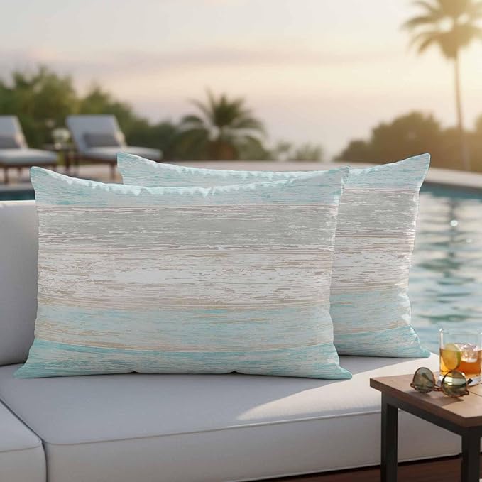 Outdoor Waterproof Throw Pillow Covers, Vintage Teal Grey Decorative Pillow Cases, Farmhouse Barn Wooden Striped Couch Pillow Protector Patio Sofa Cushion Covers Replacement 20"x12" 2 Pack