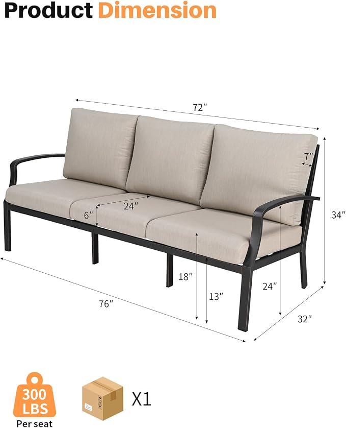 3-Seater Outdoor Patio Couch, Patio Sofa with Cushion, Dark Bronze | Never-Rust Aluminum, Spacious Design, Removable Cover, Outdoor Sofa Patio Sofa Couch For Backyard & Garden, Club Sofa Style