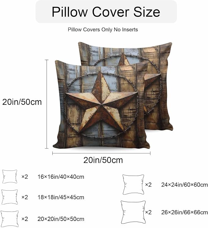 Rustic Star Brown Waterproof Outdoor Pillow Covers Set of 2 Home Decor, Vintage Farmhouse Wooden Grain Art Pillowcase Patio Pillow Covers for Couch Bench Furniture Garden 16x16in