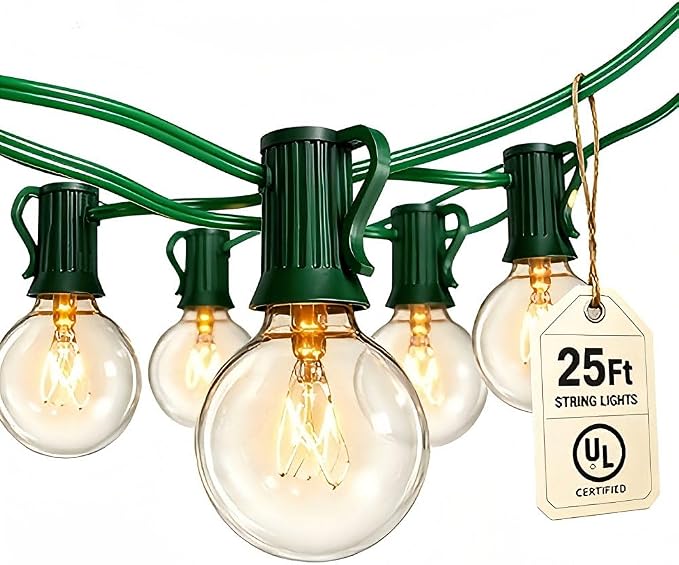 25Ft Christmas Outdoor String Light, G40 Globe Patio Lights with 27 Clear Glass Bulbs(2 Spare), Waterproof Connectable Hanging Christmas Lights for Backyard Porch Balcony Party Xmas Decor, Green Wire
