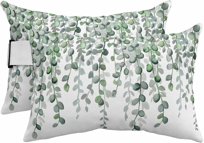Outdoor Pillows Waterproof Covers Set of 2, Green Eucalyptus Leaves Adjustable Elastic Chaise Lounge Headrest Pillow Covers, Watercolor Branches Lumbar Pillow for Pool Beach Patio Furniture 20x12 Inch