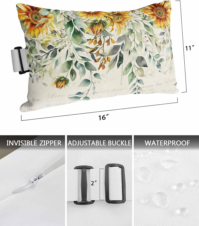 Lumbar Pillow Covers Set of 4, Sunflowers Waterproof Outdoor Chaise Lounge Pillow Covers with Elastic Strap, Spring Floral Eucalyptus Leaves Summer Botanical Headrest Pillowcase for Patio, 11 x 16
