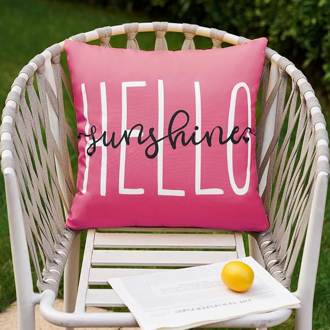DFXSZ Hot Pink Outdoor Waterproof Pillow Covers 16x16 Set of 2 | Hello Sunshine Decor Spring Summer Polyester Pillow Covers(NO INSERTS)| Decor for Patio Funiture Garden Sofa Couch
