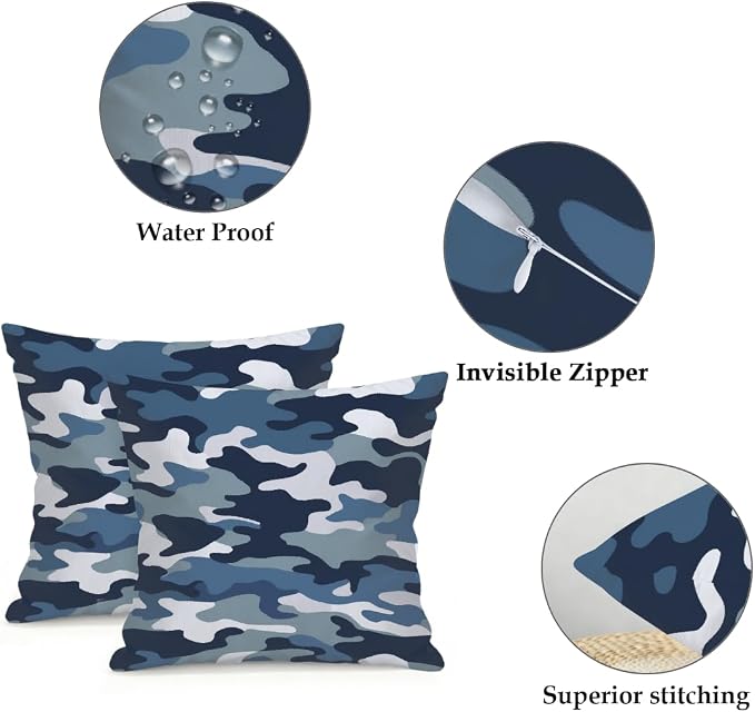22x22 Inch Outdoor Pillow Covers Set of 2 Waterproof Throw Pillow Covers Decorative Couch Cushion Covers Navy Camouflage,Camo Theme Square Pillowcases Protectors for Patio Garden Sofa