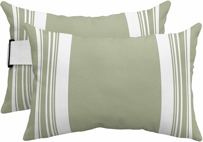 Outdoor Lumbar Pillow Set of 2, Farmhouse Sage Green Waterproof Beach Headrest Pillow with Inserts, Aesthetic Modern Line Striped Recliner Throw Pillows for Patio Furniture, 12 x 20