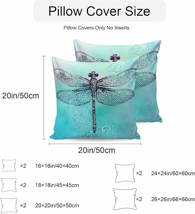 Vandarllin Outdoor Throw Pillows Covers 16x16 inch Set of 2 Waterproof Watercolors Dragonfly Decorative Zippered Cushion Covers for Patio Furniture, Teal Painting Lumbar Pillowcases