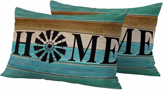 Outdoor Pillow Covers Set of 2, Home Farm Retro Wood Board Decorative Throw Pillow Covers 20X12IN, Teal Gradient Wooden Throw Pillows Protector Cushion Case for Patio,Couch,Sofa,Garden