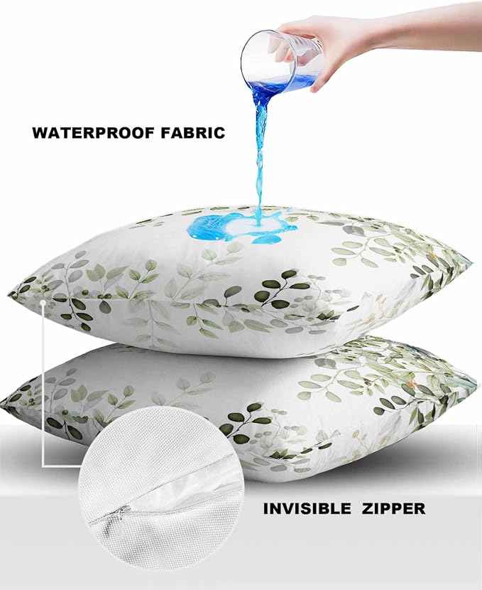 Outdoor Pillows 18x18 Waterproof Outdoor Pillow Covers Elegant Spring Leaf Plant Polyester Throw Pillow Covers Garden Cushion Decorative Case for Patio Couch Decoration Set of 2 Green Gold