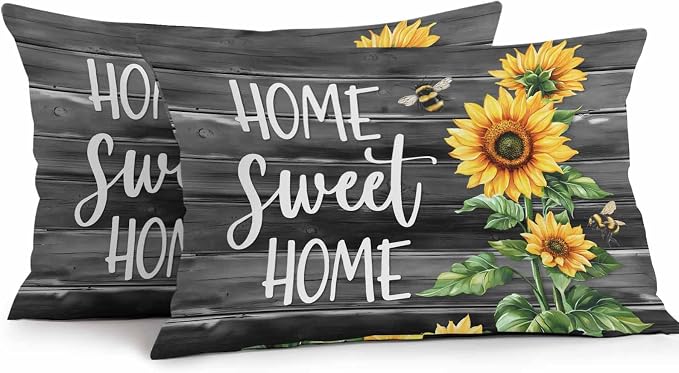 Lumbar Pillow Covers 20x12 Inch Set of 2, Spring Sunflowers Waterproof Outdoor Pillow Covers, Black Wooden Grain Country Farm Decorative Cushion Pillowcases for Couch, Sofa, Bed, Garden, Patio