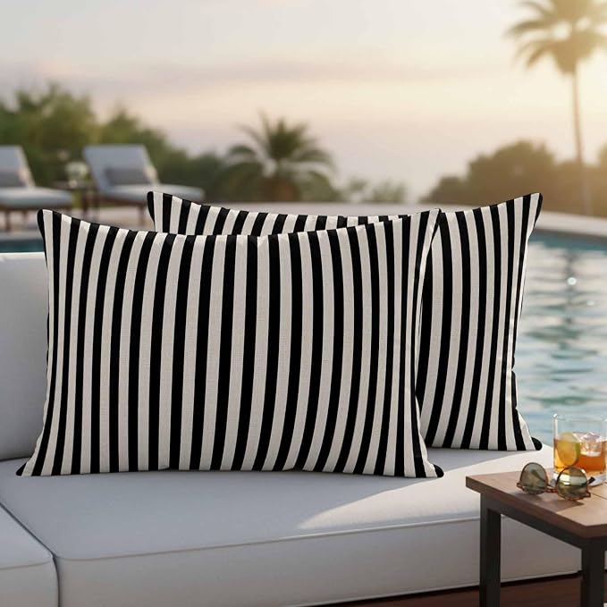 Black Beige Stripe Outdoor Pillow Covers Set of 2 Vintage Abstract Classic Minimalist Vertical Striped Waterproof Throw Pillow Cover Decorative Cushion Cases for Patio Porch Garden 20X12 Inch