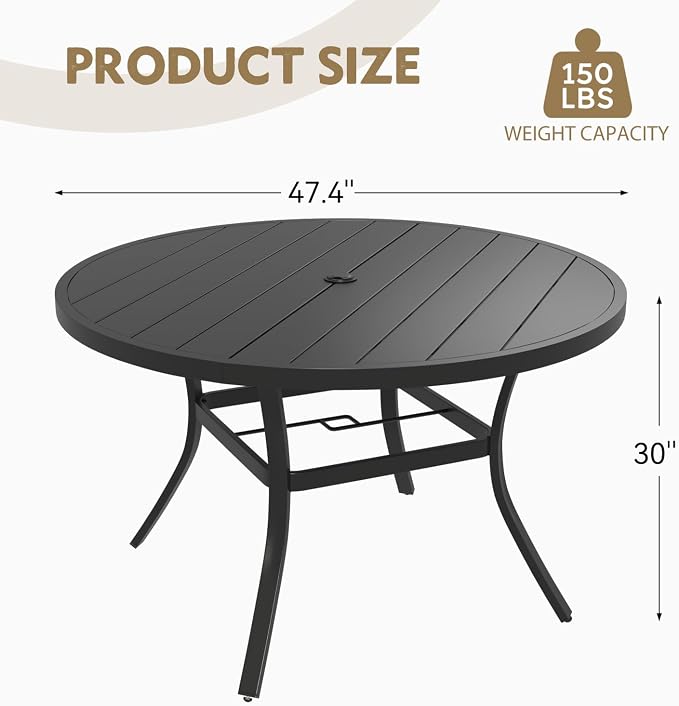 MELLCOM 47.4'' Round Outdoor Dining Table for 4-6, Metal Patio Dining Table with Umbrella Hole, All-Weather Black Table for Porch, Garden, Backyard, Poolside, Lawn