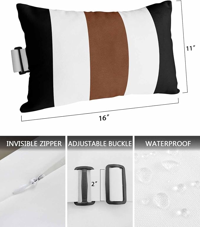Pack of 2 Outdoor Pillows with Inserts, Boho Style Vintage Farmhouse Brown Black Stripes Waterproof Fluffy Lumbar Cushion Covers, Patio Furniture Pillows for Balcony Garden Decor (11"x16")