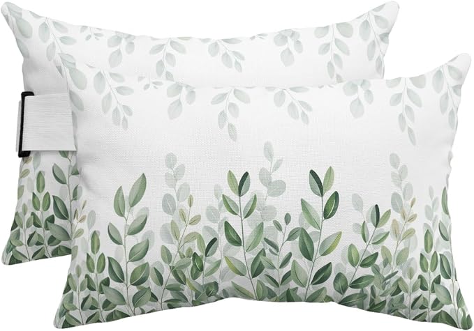 Outdoor Pillows Waterproof Covers Set of 2, Green Eucalyptus Leaf Adjustable Elastic Chaise Lounge Headrest Pillow Covers, Watercolor Leaves Lumbar Pillow for Pool Beach Patio Furniture 11x16 Inch
