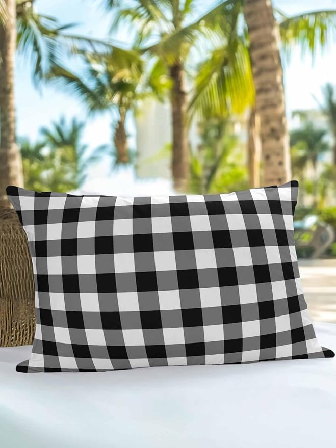 Waterproof Outdoor Pillow 1 Pack Black Buffalo Plaid Decorative Throw Pillows Cover & Insert 20x12 Inch Lumbar Pillowcase Check Lines Pillows for Couch Sofa Bed Patio Furniture Indoor Outdoor