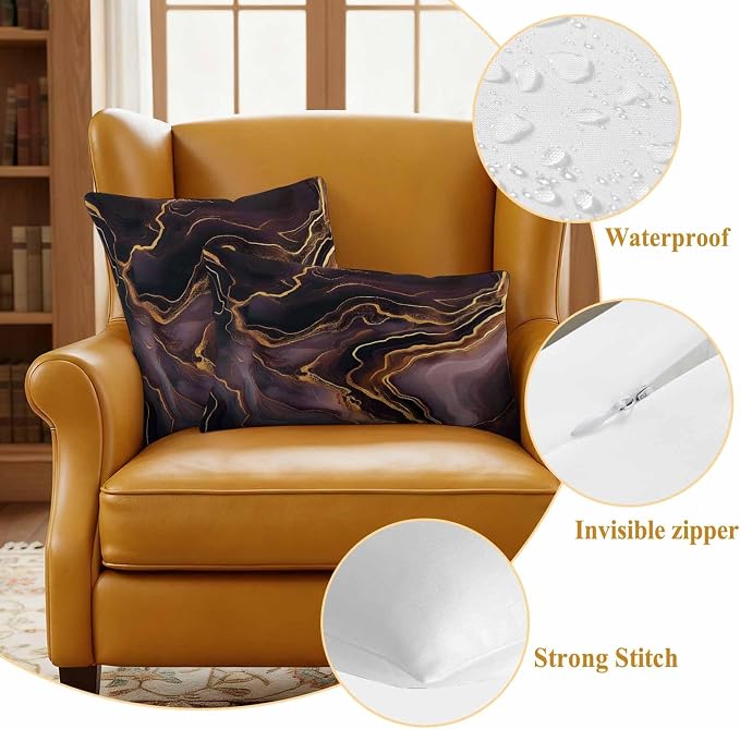 Abstract Marble Texture Outdoor Waterproof Throw Pillow Covers Set of 2, 18"x18", Purple Gold Waves Art Decorative Pillow Covers Outside Cushion Case for Patio Porch Garden