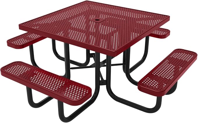 COATEDOUTDOORFURNITURE Heavy-Duty Portable Outdoor Picnic Table with Umbrella Hole, Punched Steel Commercial-Grade Patio Dining Furniture Made in America (46" Square Top, Burgundy)