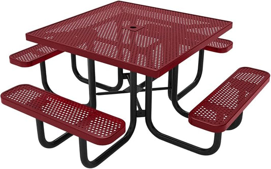 COATEDOUTDOORFURNITURE Heavy-Duty Portable Outdoor Picnic Table with Umbrella Hole, Punched Steel Commercial-Grade Patio Dining Furniture Made in America (46" Square Top, Burgundy)