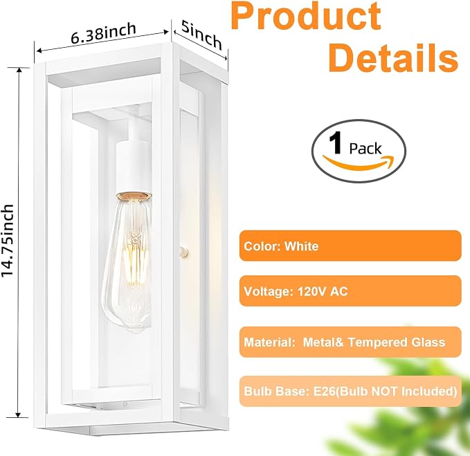 15" Large Outdoor Light Fixture Wall Mount, White Outdoor Sconce Lights, Modern Waterproof Exterior Porch Lights with Clear Glass Shade for Front Door, Garage, 1 Pack