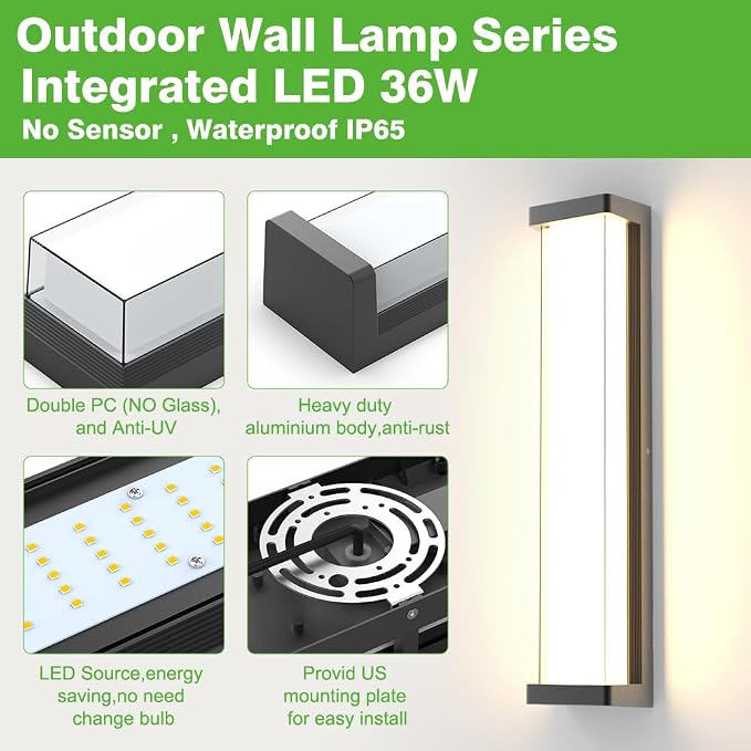 Dimmable Outdoor Wall Lights 2Packs,10%-100% Dimming,23.6in LED Modern Patio Wall Light Fixture, Black Exterior Sconce for Garage Courtyard Commercial House(3000K)