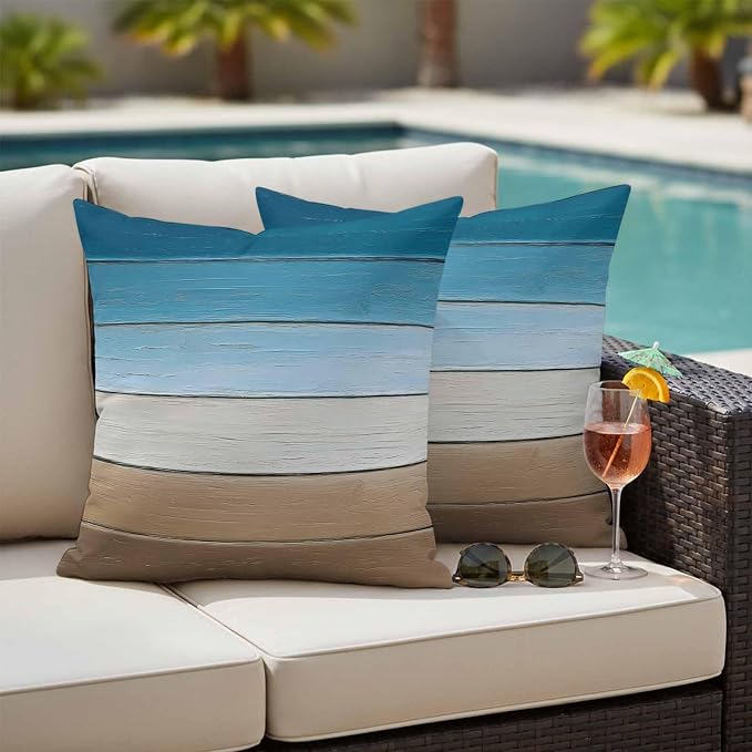 Blue Beige Brown Outdoor Pillow Covers 24x24 Inch Throw Pillow Covers Set of 2 Waterproof Decorative Pillow Cases Country Retro Gradient Wooden Grain Cushion Covers for Patio Furniture Garden Couch